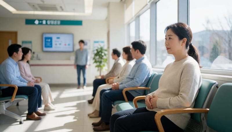 병원 대기실에서 배를 짚고 앉아 있는 여성