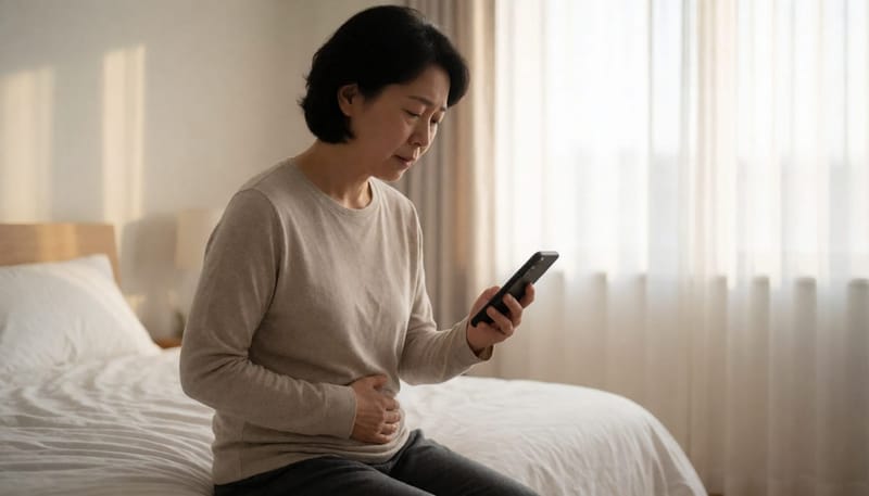 침대에 앉아 달력 앱을 보며 걱정스러운 표정을 짓는 여성