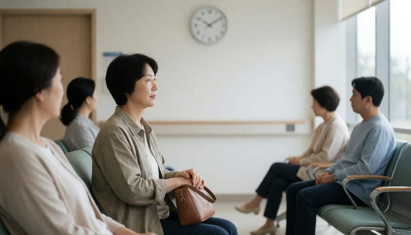 병원 대기실에서 차분히 앉아 있는 여성