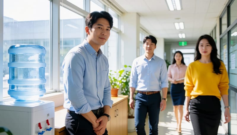 복도에서 배를 움켜잡고 몸을 숙이는 남성 직장인