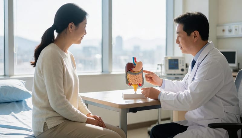 의사가 장기 모형을 가리키며 장 상태를 설명하는 진료 장면