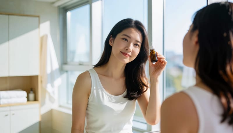 욕실에서 귀에 점이액을 넣으려는 여성의 모습