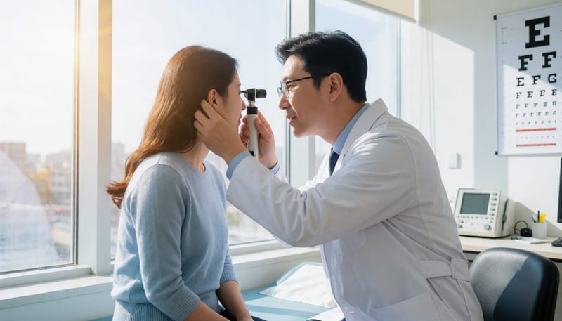 이비인후과에서 의사가 환자의 귀를 검진하는 모습