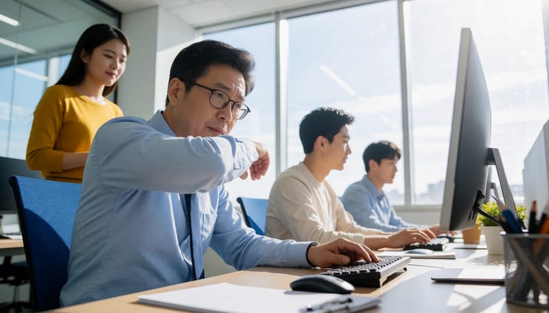 사무실에서 갑자기 기침을 하며 지친 모습을 보이는 직장인