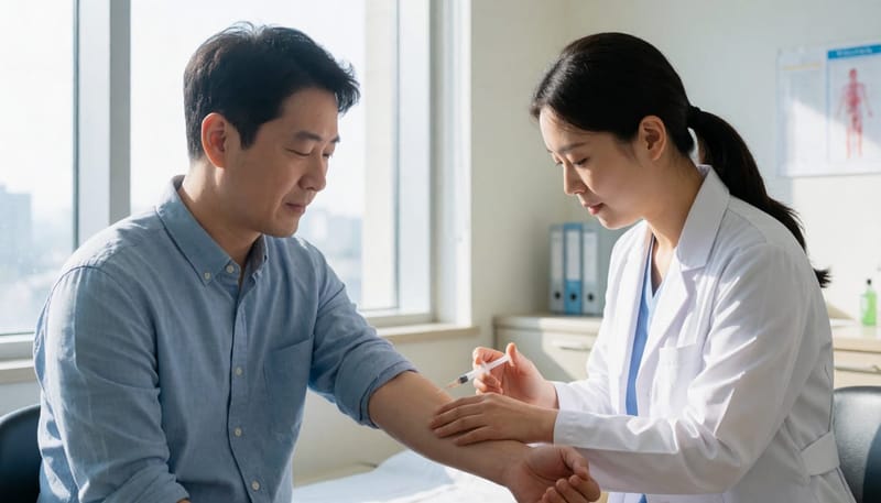 팔에 잠복결핵 피부반응검사 주사를 놓는 의사의 모습