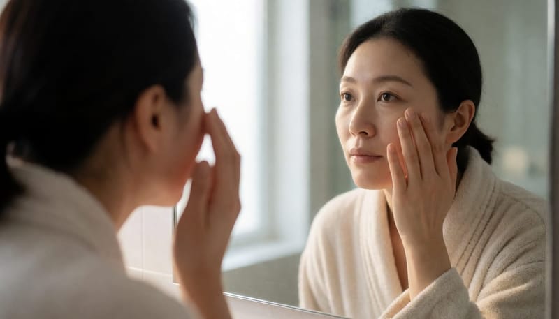 거울 앞에서 자신의 눈가와 안색을 살피는 여성