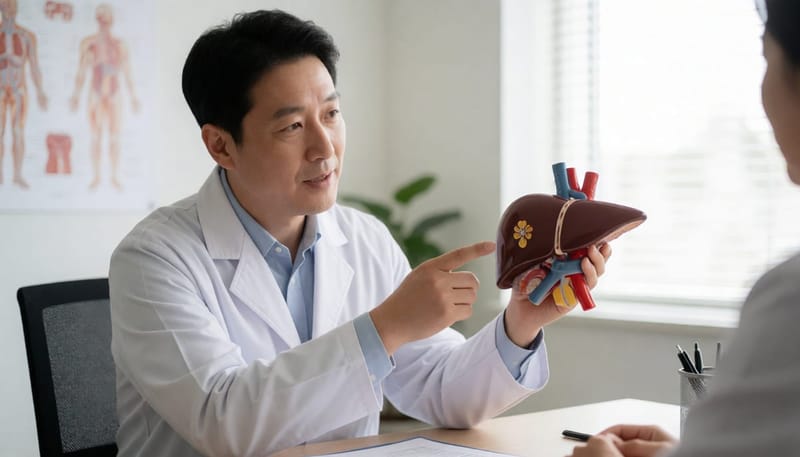 간과 담낭 모형을 들고 담즙 색소를 설명하는 의사