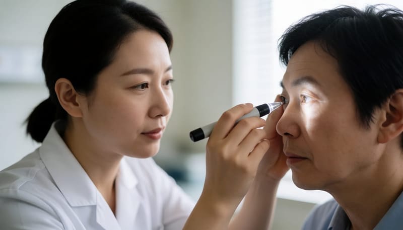 흰자위 상태를 펜라이트로 확인하는 간호사