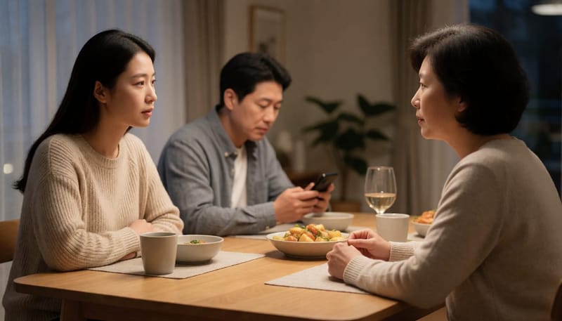가족이 서로의 안색 변화를 살피며 걱정하는 저녁 식탁 풍경