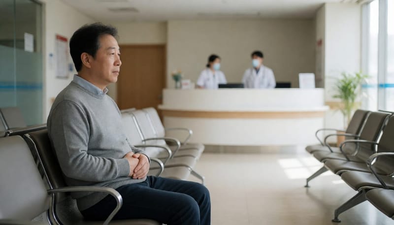 복부 불편감을 느끼며 병원 대기실에 앉아 있는 남성