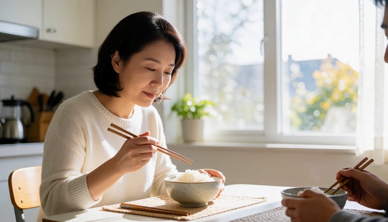 턱보톡스 맞은 후 식사 중 씹기를 멈춘 여성의 모습