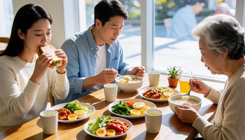 20대, 40대, 60대가 각기 다른 음식을 씹는 모습을 한 프레임에 담은 장면