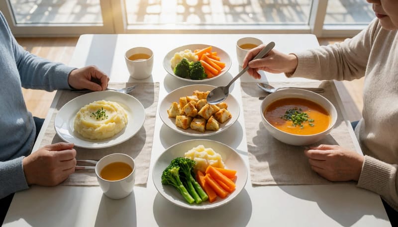 부드러운 식단으로 구성된 식사를 준비하는 모습