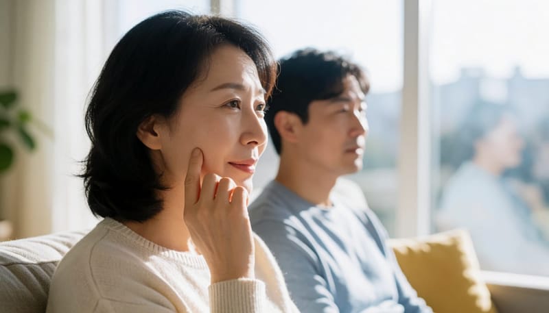 귀 앞쪽 턱관절 부위를 손으로 짚고 있는 여성의 옆모습