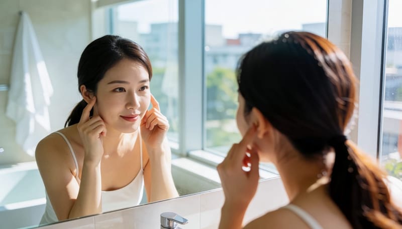거울 앞에서 손가락으로 턱관절을 짚고 입을 벌려 점검하는 여성