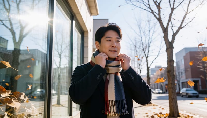 건조한 겨울 거리에서 턱 밑을 손으로 짚고 있는 남성