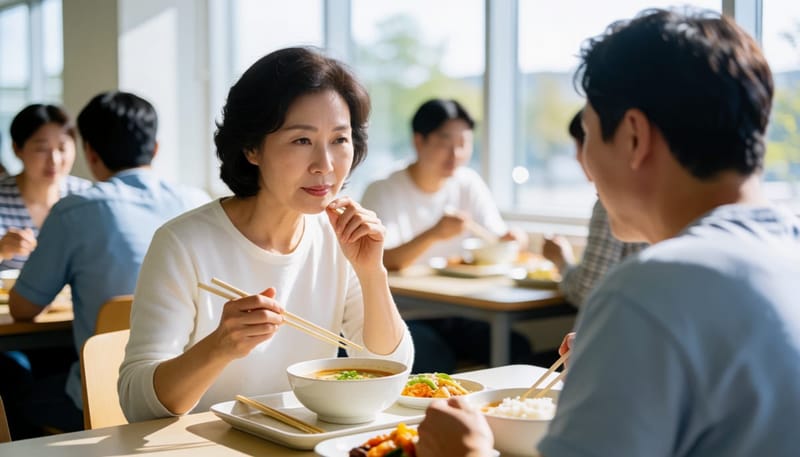 식사 중 턱 밑을 만지며 멈춘 여성의 식탁 장면