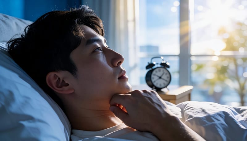 밤에 통증으로 잠을 설치는 남성의 침대 장면