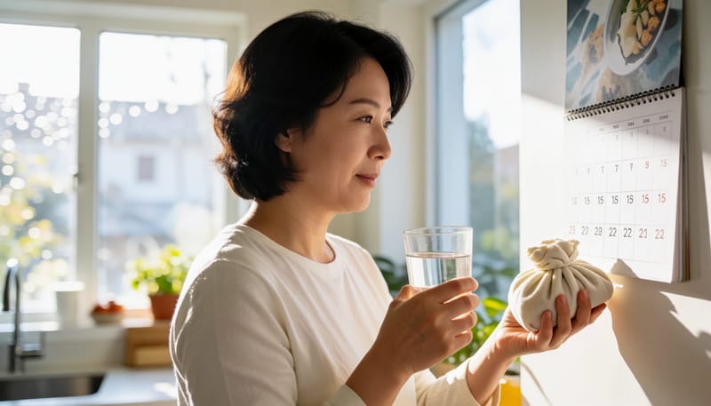 온수와 냉찜질팩을 들고 집에서 회복을 챙기는 여성과 달력