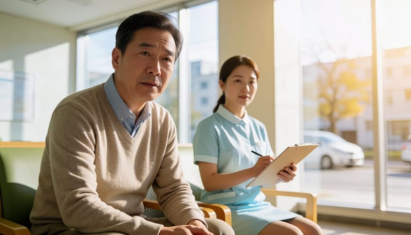 병원 대기실에서 턱 밑을 걱정스럽게 만지는 남성과 간호사