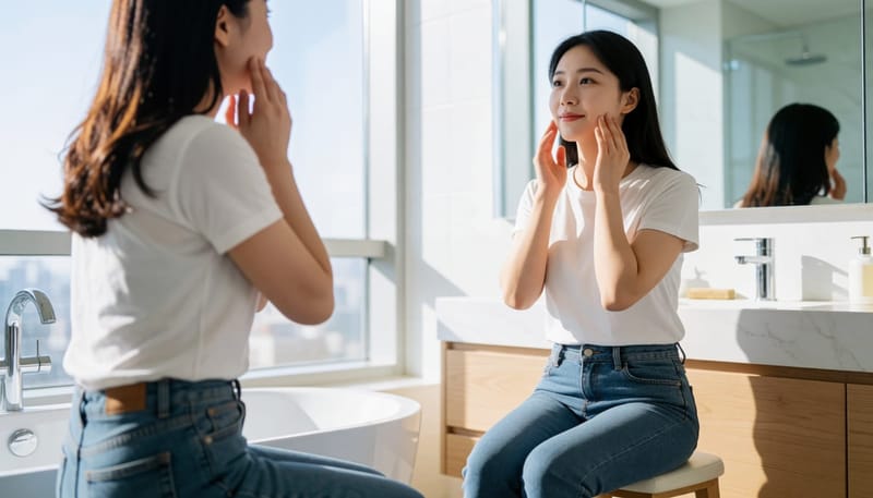 턱선을 만지며 오돌토돌한 여드름을 확인하는 여성