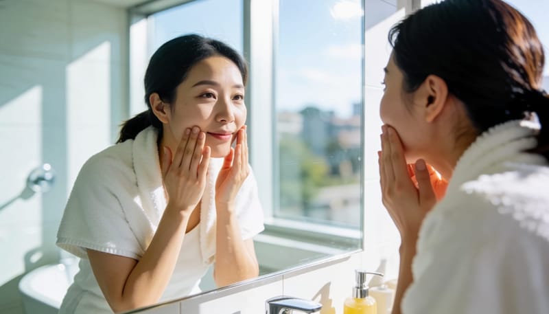 세안 후 거울 앞에서 턱선을 손끝으로 점검하는 모습