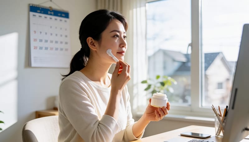 면봉으로 턱선에 연고를 바르며 기간별로 관리하는 모습