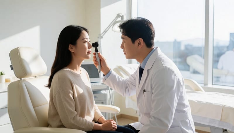 피부과에서 의사가 환자의 턱선 여드름을 진료하는 장면
