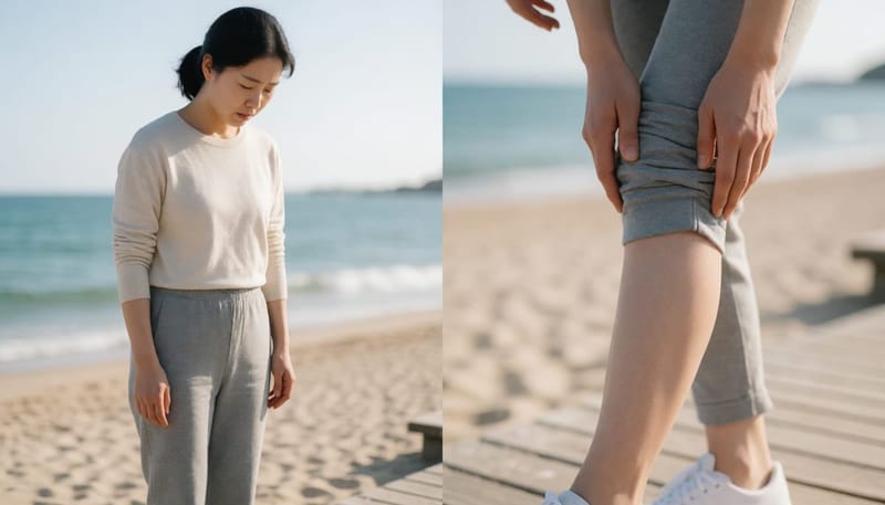 물놀이 후 다리에 붉은 줄무늬가 나타나 살펴보는 여성