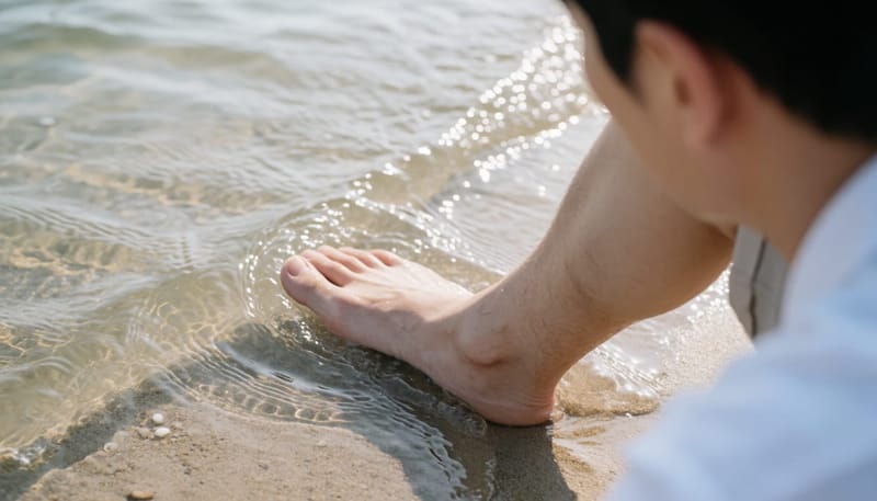 작은 상처가 난 다리가 바닷물에 닿는 모습