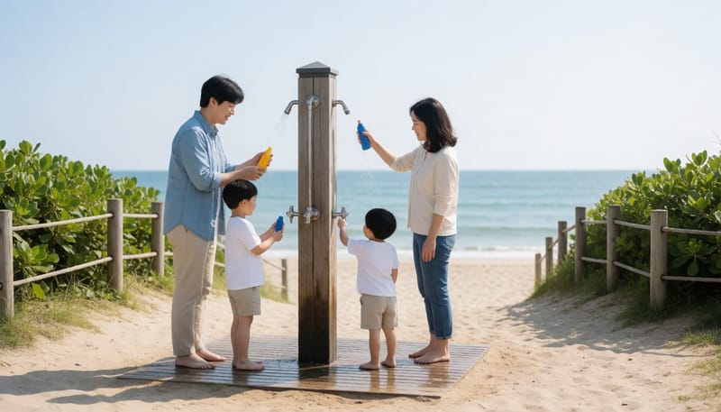 물놀이 전 피부를 씻고 점검하는 가족의 모습