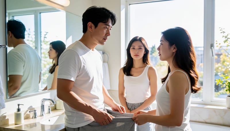 서서 손으로 정계정맥류를 확인하는 남성의 모습