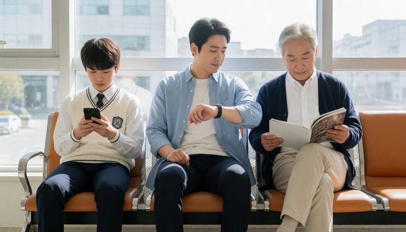 10대부터 40대 이후까지 대기실에 앉은 서로 다른 연령대 남성들