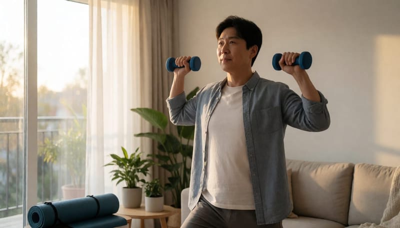 이른 아침 거실에서 가벼운 스트레칭을 하는 남성