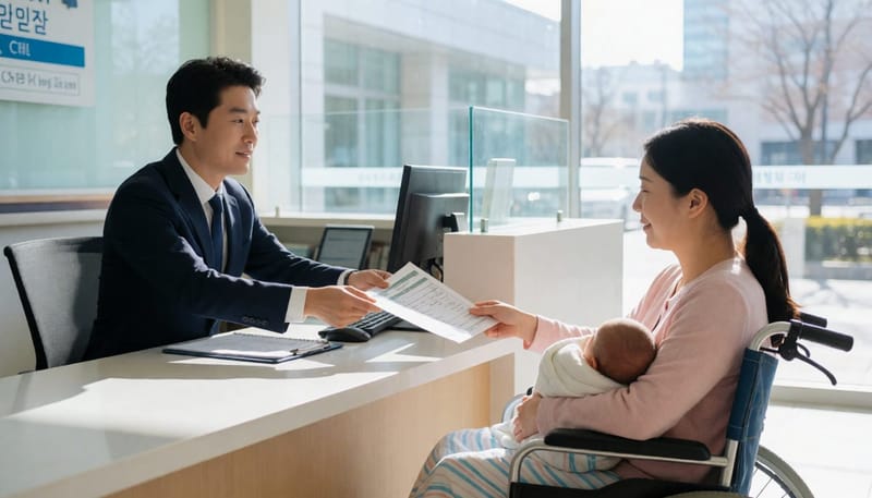 병원 수납창구에서 진료비 명세서를 건네받는 산모
