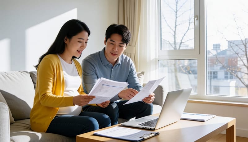 출산 전 보험 서류를 확인하는 부부의 거실 장면