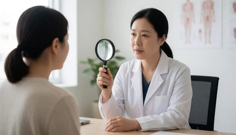 돋보기 검사도구를 들고 증상을 설명하는 여성 피부과 의사