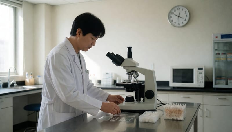 KOH 검사 준비물이 놓인 병원 검사실 전경