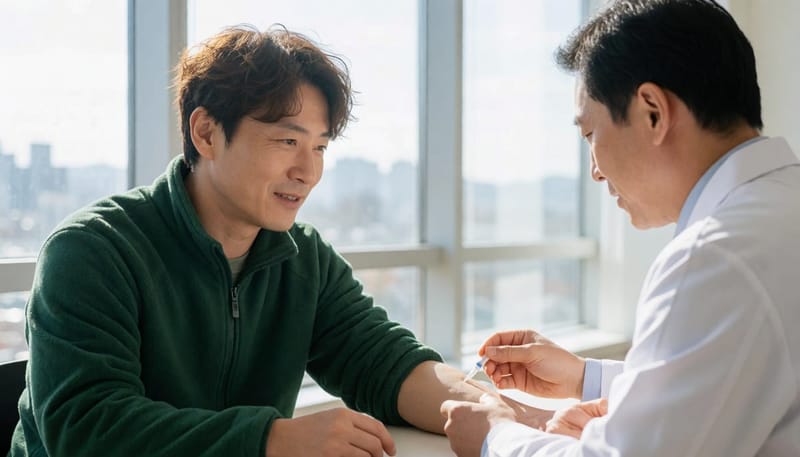 피부반응검사는 알레르겐 추출액을 피부에 노출시켜 팽진 반응을 확인하는 방식으로 진행됩니다.
