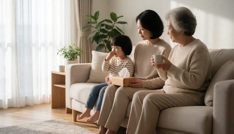 거실 소파에 앉아 있는 조부모, 부모, 아이 세 세대 가족의 모습