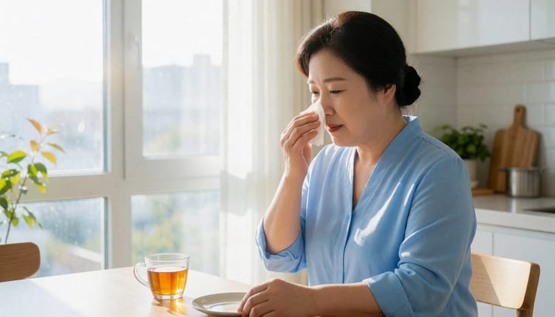 환절기 아침마다 콧물과 재채기를 겪는 성인의 모습