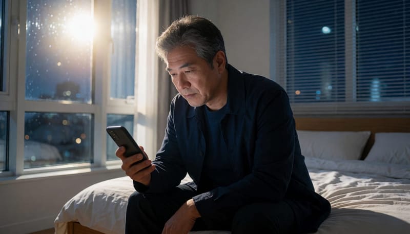 침대 끝에 걸터앉아 휴대폰 화면의 시각을 확인한다
