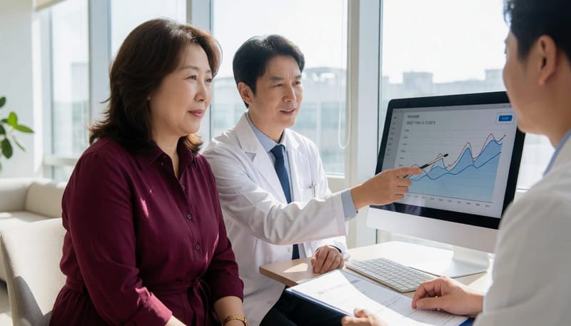 의료진이 가리키는 수면 검사 그래프를 모니터로 함께 들여다본다