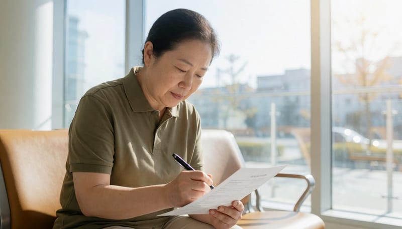 수면 클리닉에서 문진표를 작성하는 40대의 모습