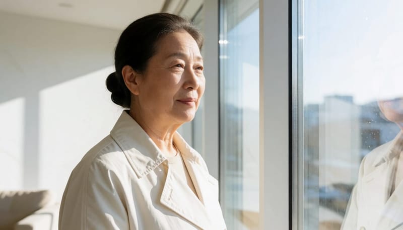 이른 아침 창가에서 하루를 시작하는 70대의 모습