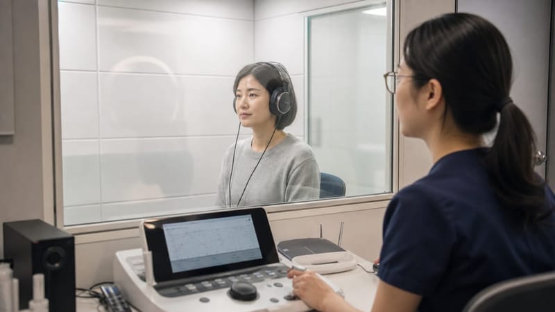 순음청력검사로 양쪽 귀의 기도·골도 청력을 비교합니다.