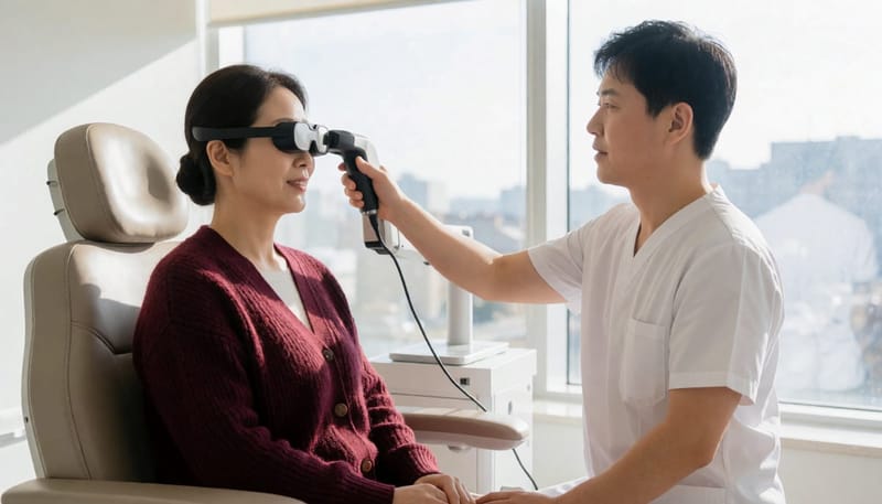 전정기능을 확인하는 비디오 두부충동검사를 받는 모습입니다.