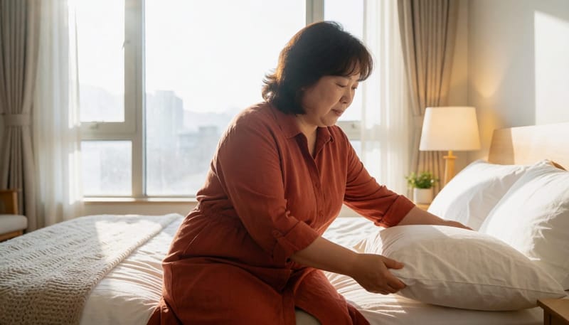 베개 높이를 조절해 수면 중 고개 각도를 관리하는 모습