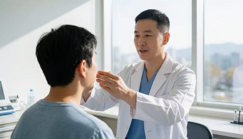 고개 위치를 바꿔 안진 유무를 확인하는 검사 장면