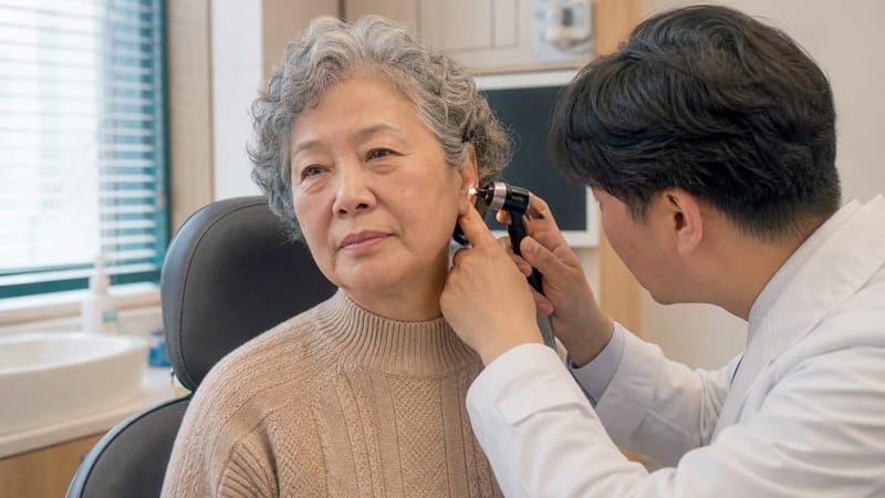 청력 변화를 확인하는 고령 환자의 진료 모습